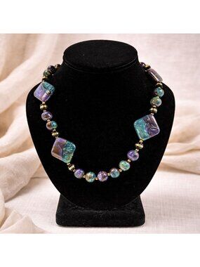 Vintage Multi-Color Beaded Necklace With Geometric Purple & Turquoise Stones Gol